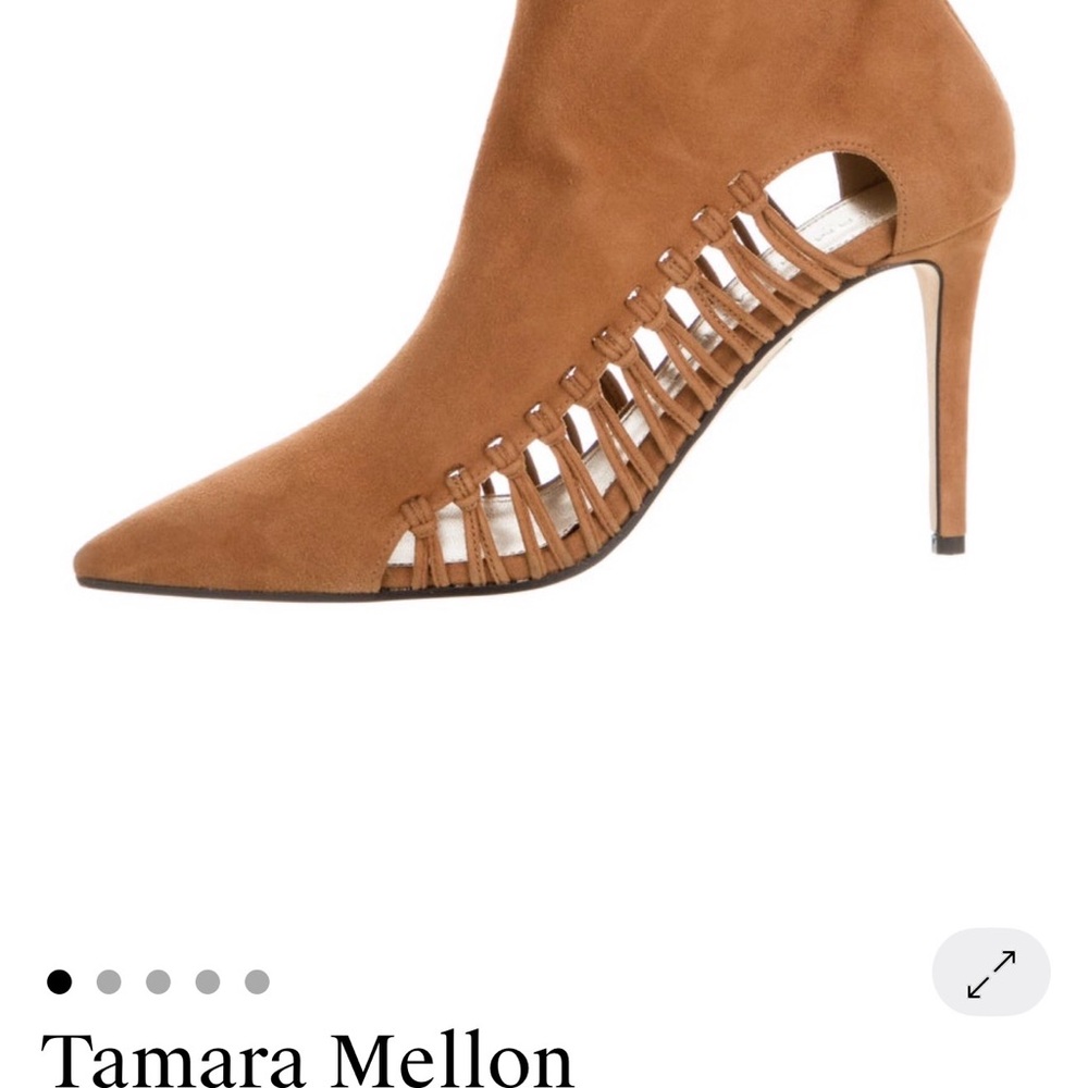 Tamara Mellon Cognac Suede Cutout Pointed-Toe Stiletto Booties size 37.5
